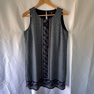 Rose & Olive Shift Dress Midi Sz 10 Navy Aqua V Neck Sleeveless Chic Travel Work